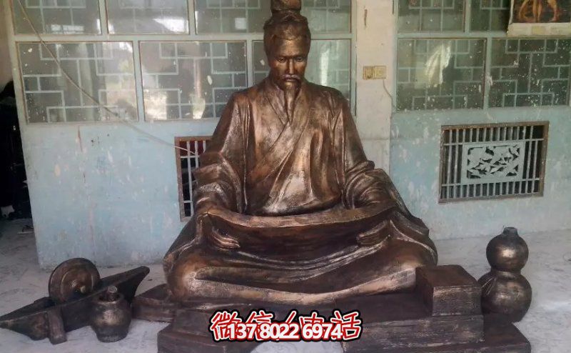 景區玻璃鋼仿銅古代人物坐著的讀書雕塑